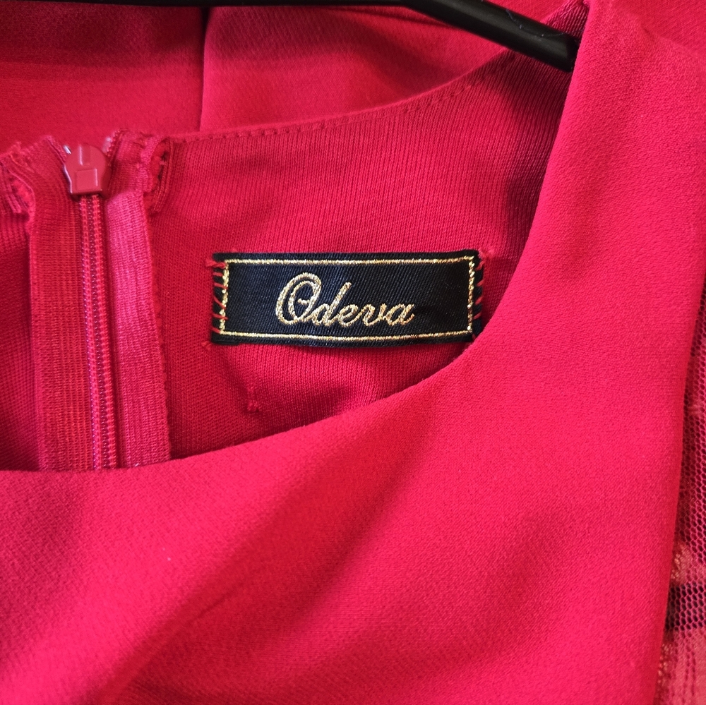 Chic Red Peplum Blouse with Patterned Sleeves - image 2